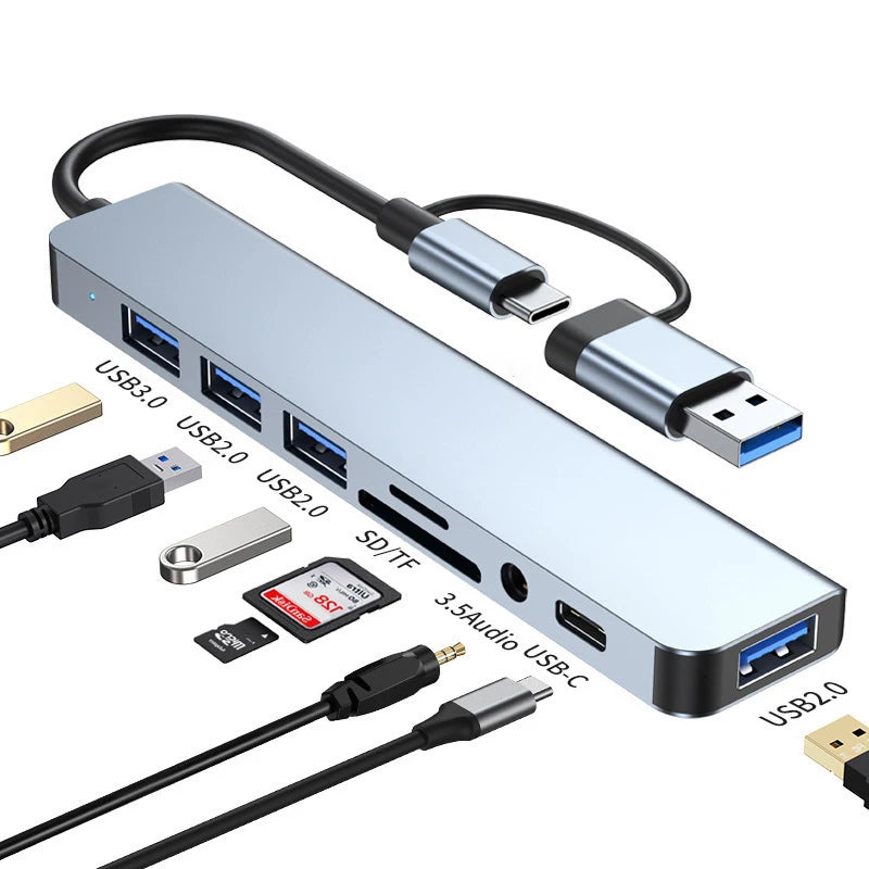8 in 2 USB +Type C HUB Docking Station with 3.5mm Audio Jack Adapter Micro SD Card Reader Laptop Tablet Phone Disk Converter