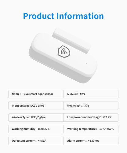 Tuya WiFi or Zigbee Door Window Sensor Smart Home Open Closed Alarm Security System App Remote Monitoring Smart Life Products